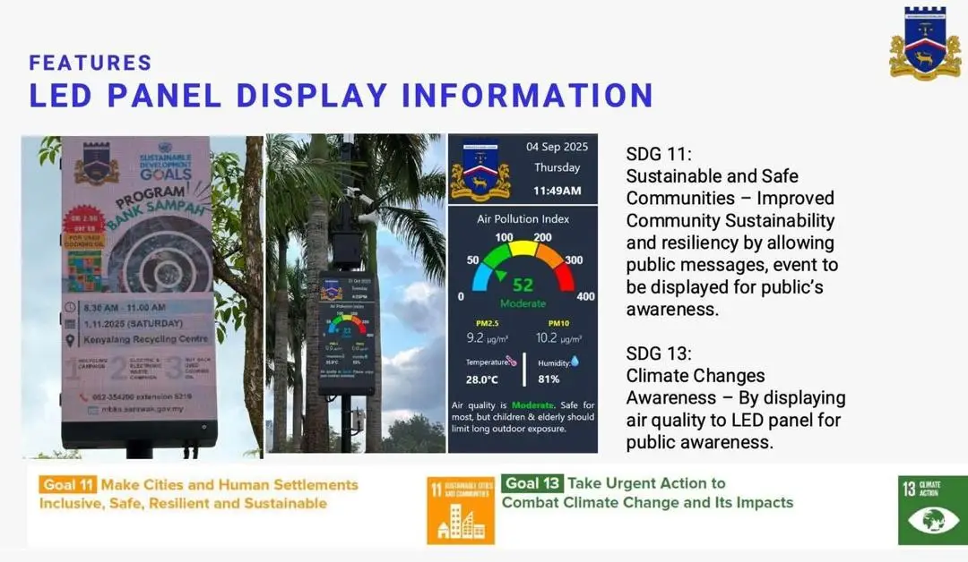 Public LED display showing air quality and community information in Kuching
