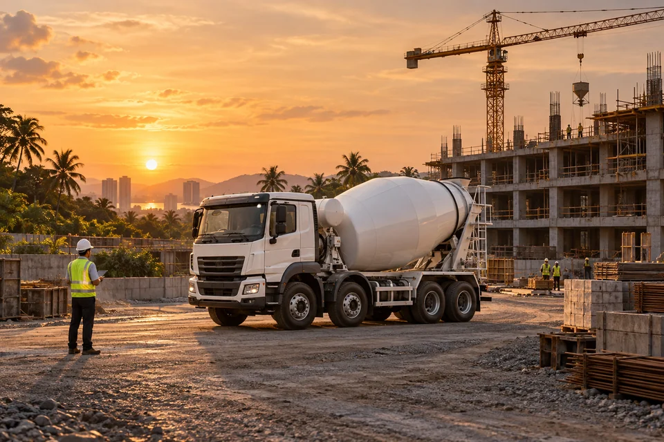 AI concept of a concrete mixer truck and site engineer at a Malaysian construction site at sunset