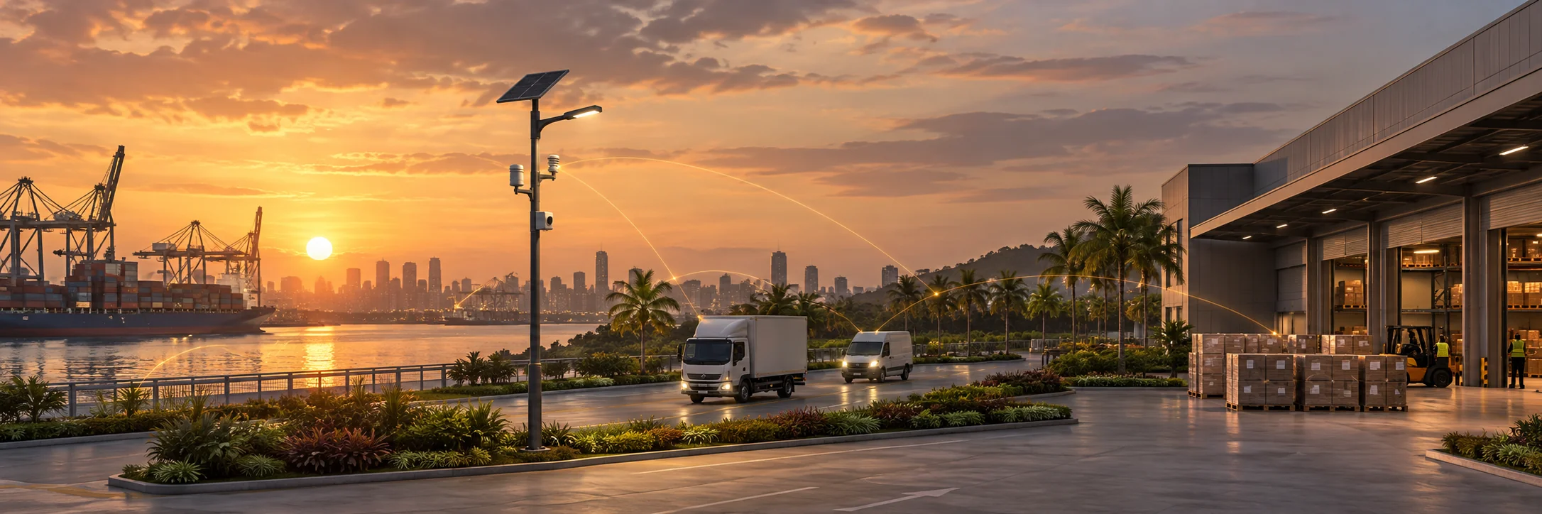AI concept of a solar smart pole, delivery vehicles and tracked cargo in a connected logistics campus at sunset