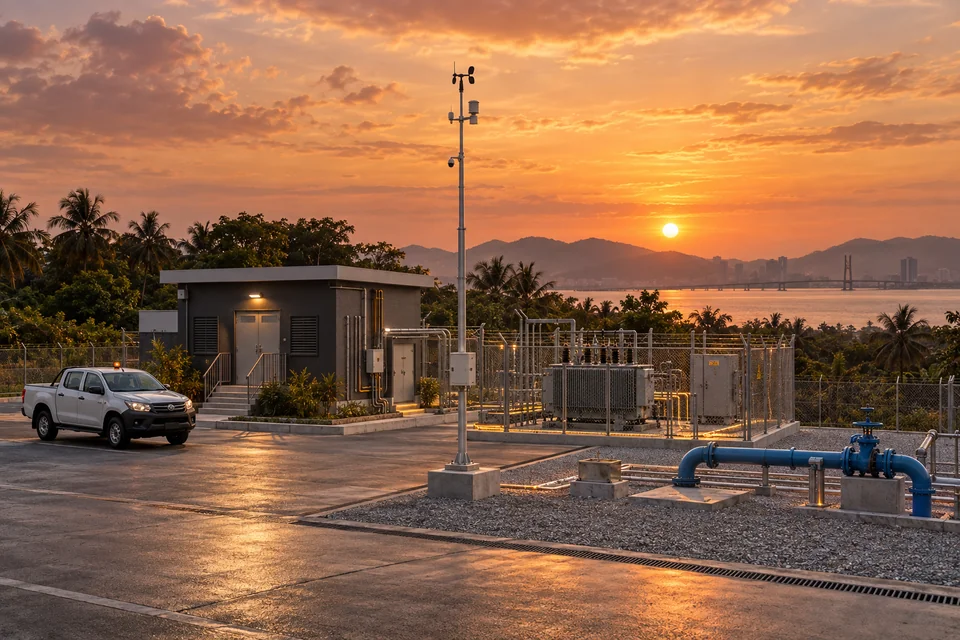 AI concept of an environmental sensor mast and industrial utility compound at sunset