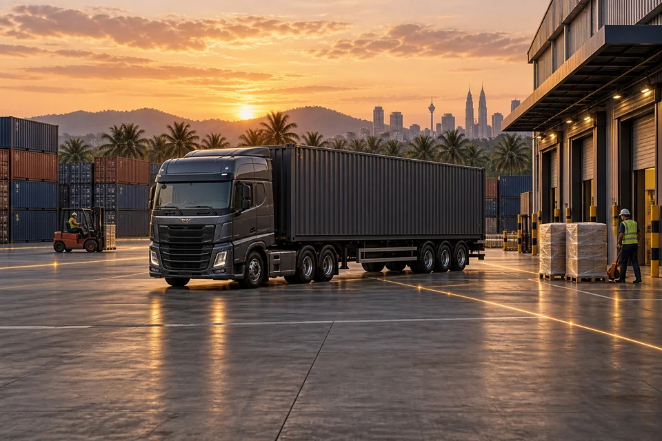 AI concept of a complete logistics truck, tagged cargo and warehouse at sunset