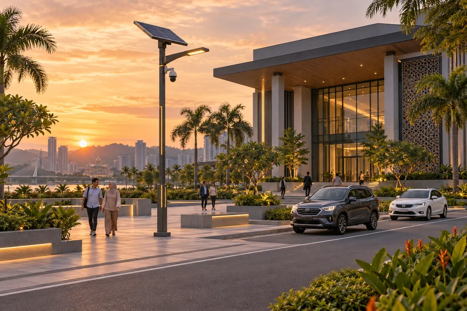 AI concept of a solar smart pole, civic plaza and public mobility at sunset