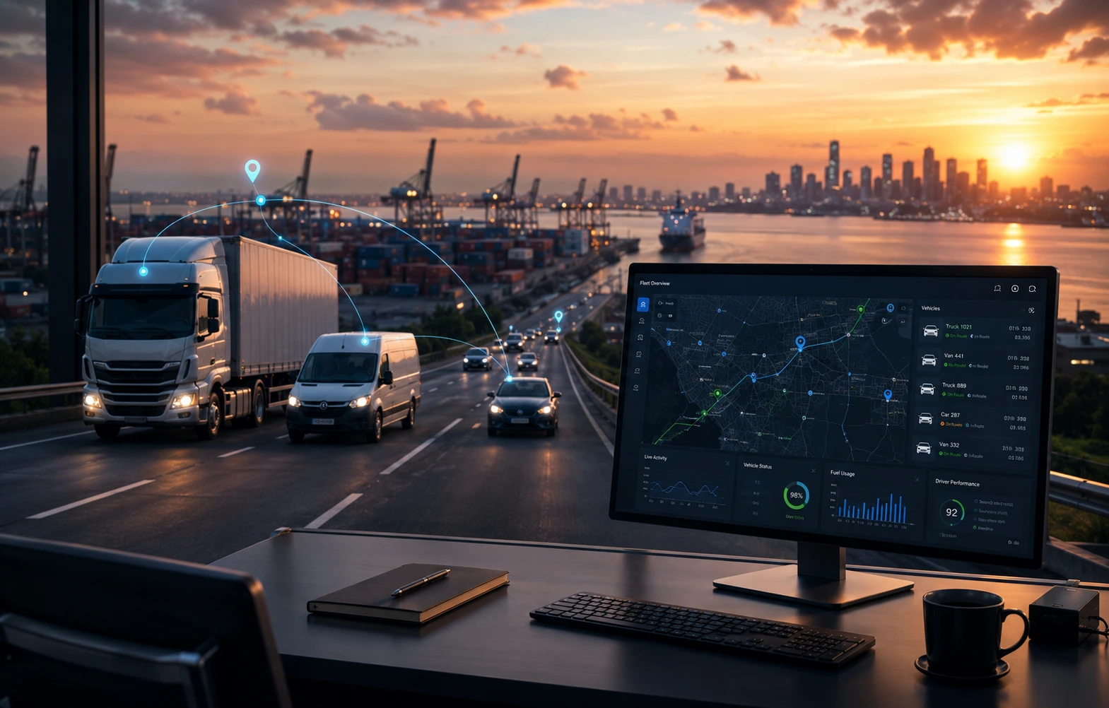 Fleet monitoring dashboard showing vehicles, alerts and trip activity
